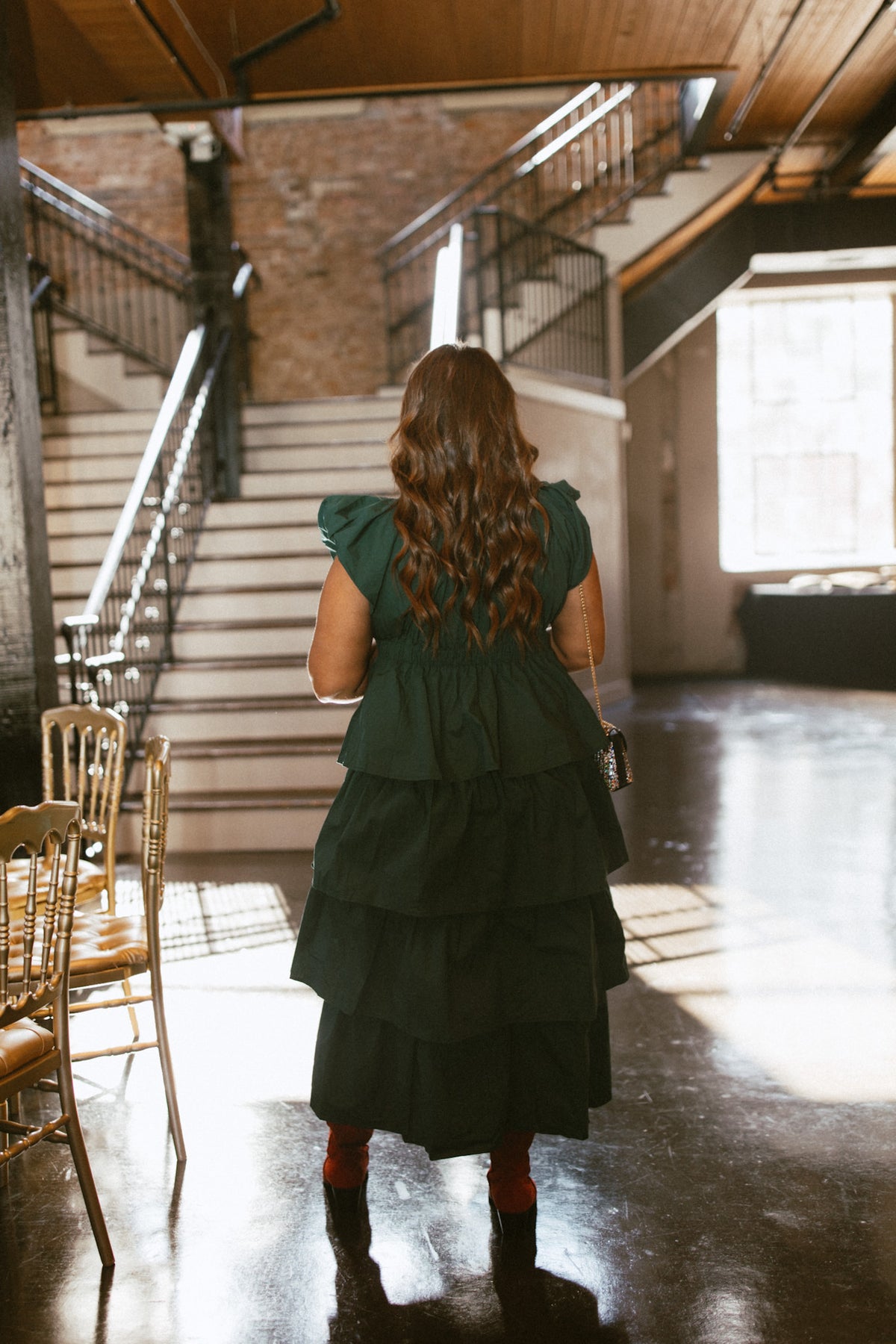 Dark Hunter Green V Neck Bow Layered Ruffle Dress | Fly Boutique