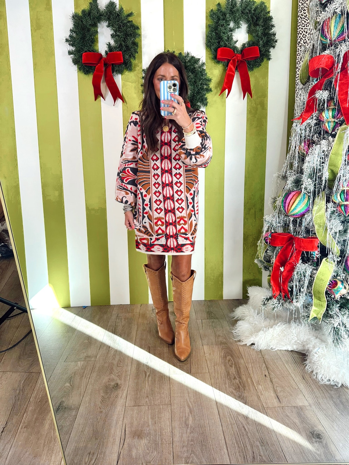 Beige Multi Tribal And Floral Motif Jacquard Knit Sweater Dress | Fly  Boutique