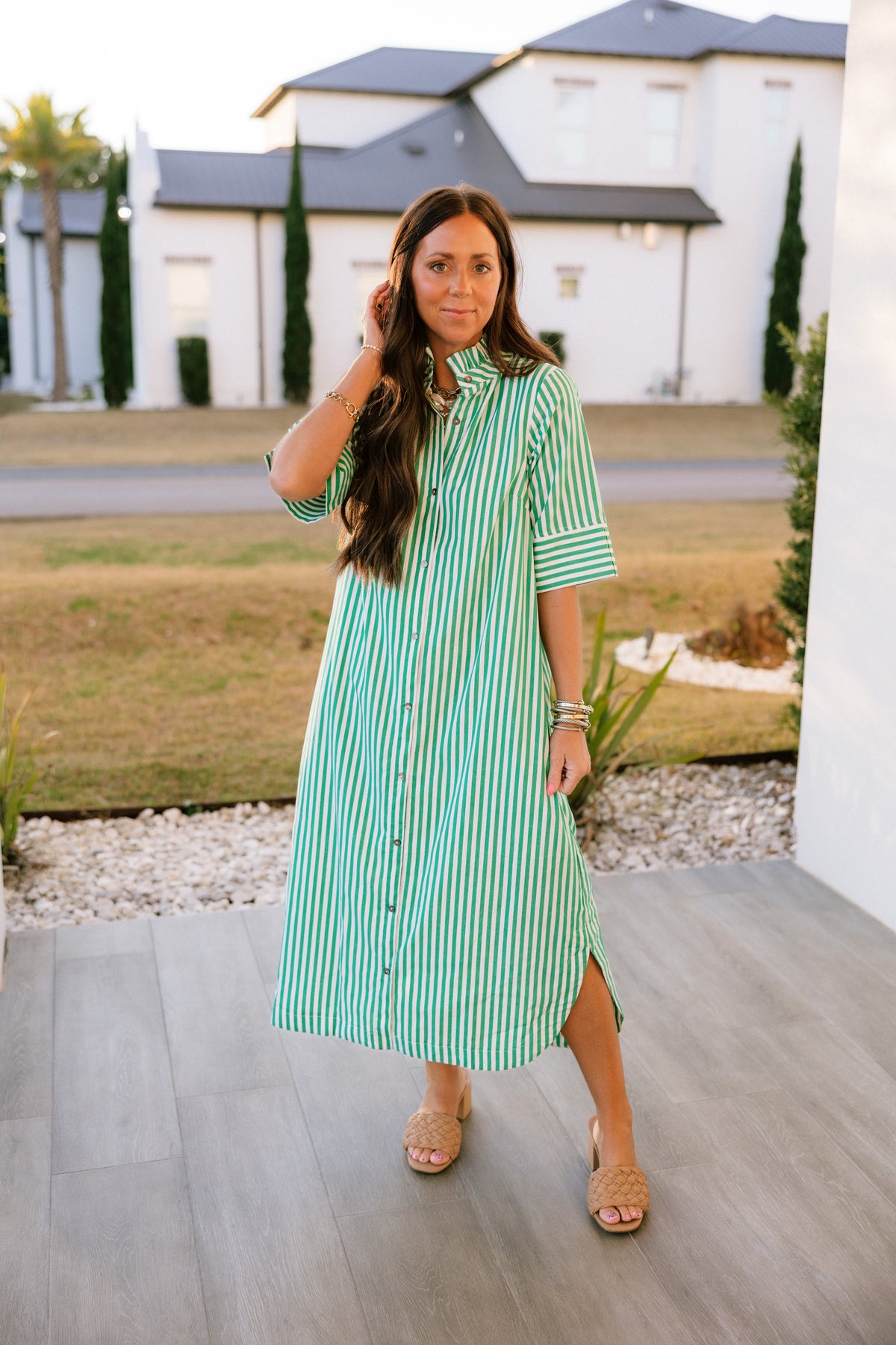 green striped shirt dress Balloon Sleeve Striped Shirt Dress