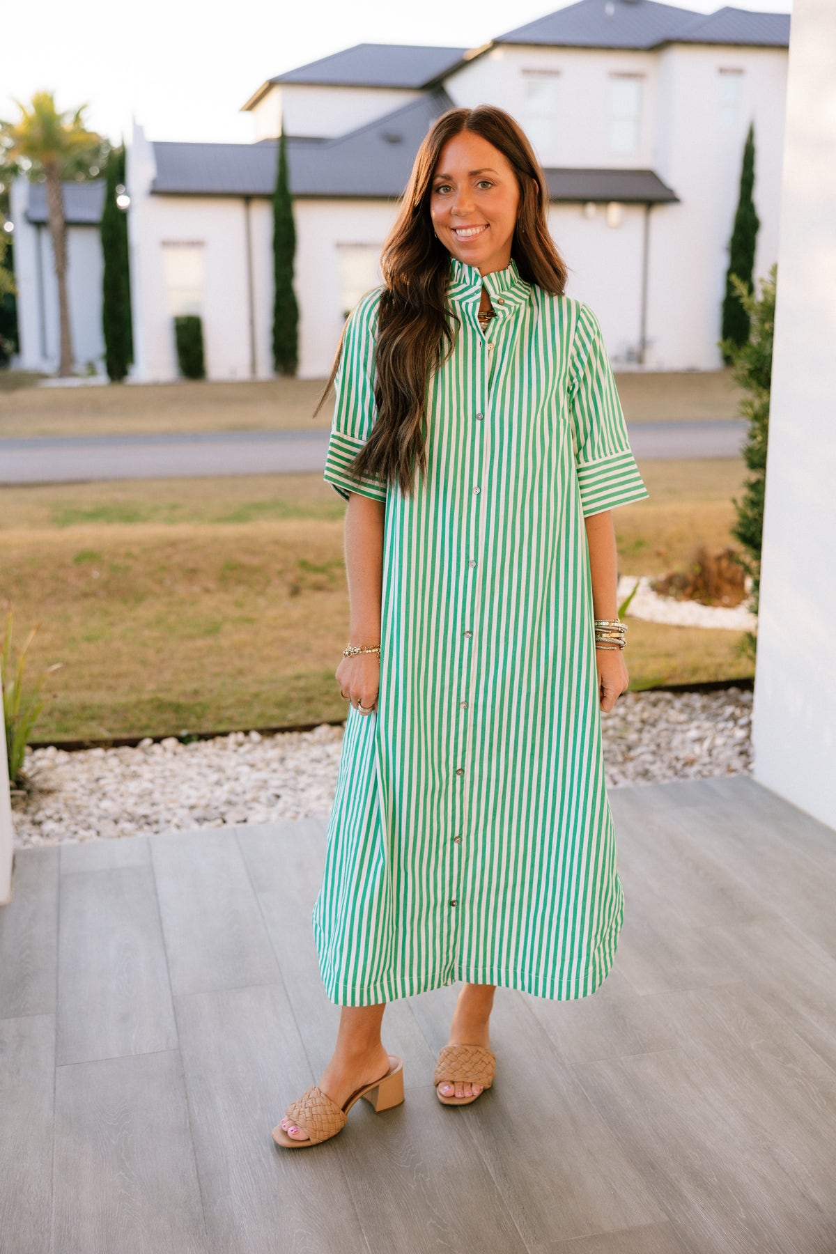 Entro Green Short Sleeve Striped Button-Down Midi Shirt Dress Entro Green Short Sleeve Striped Button-Down Midi Shirt Dress