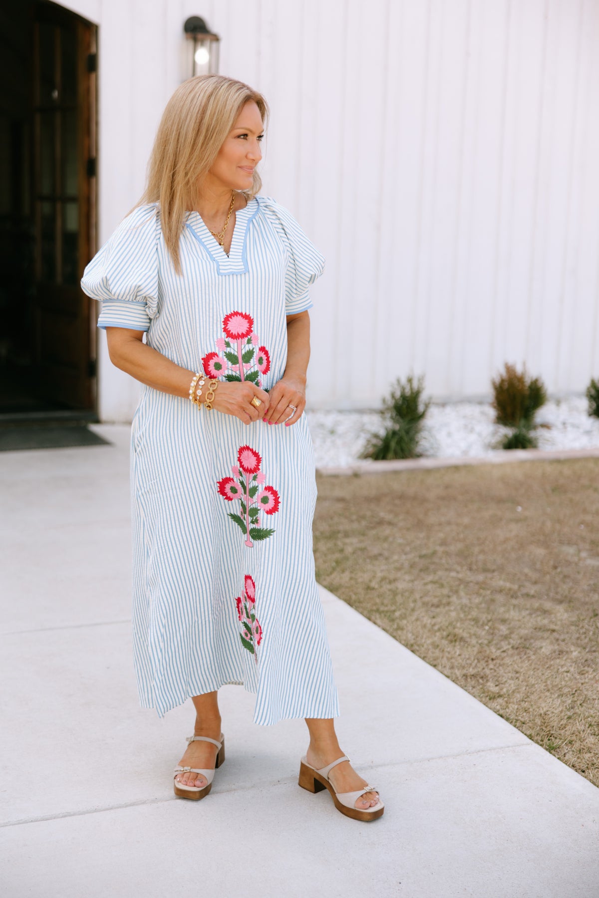 Entro Blue Floral Embroidered Puff Sleeve Midi Dress | Fly Boutique