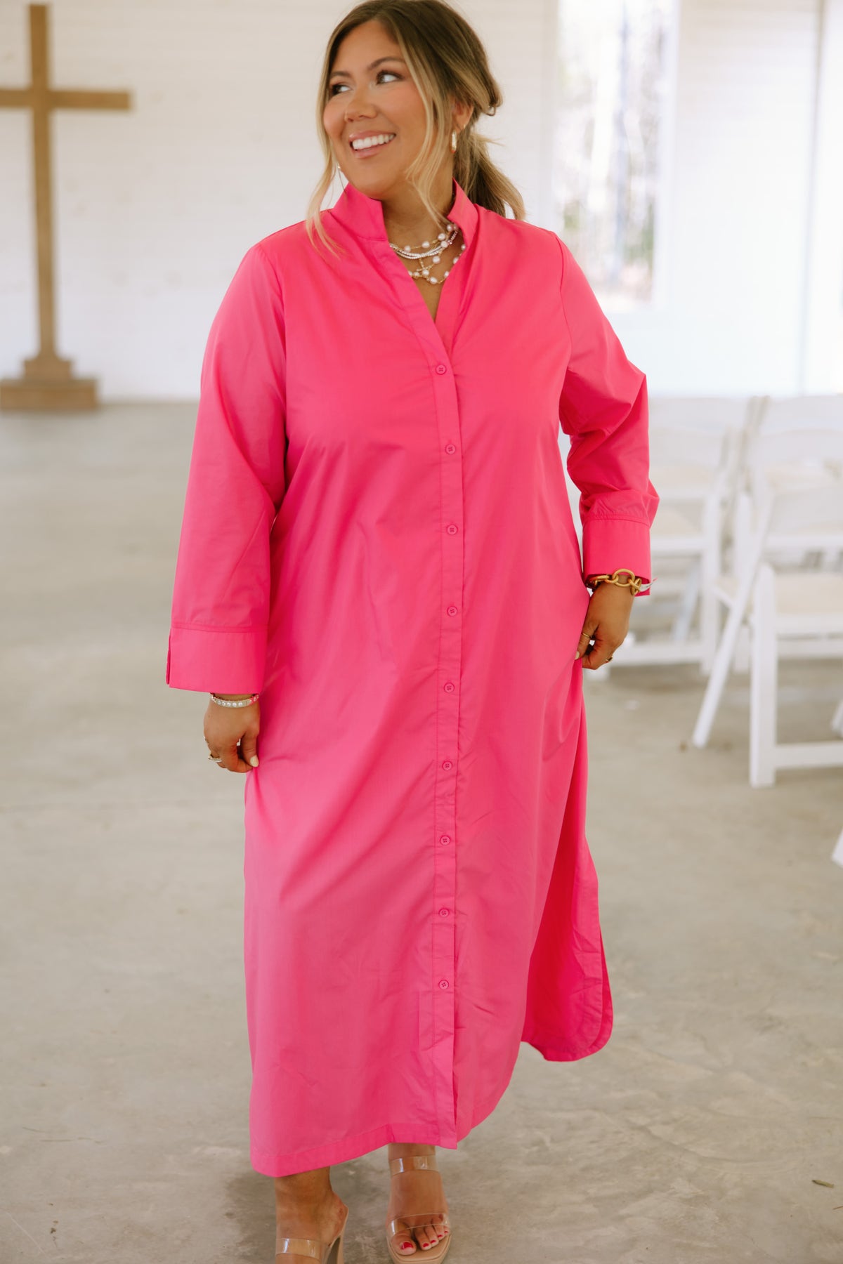 entro long sleeve dress Entro Pink Solid Long Sleeve Midi Dress