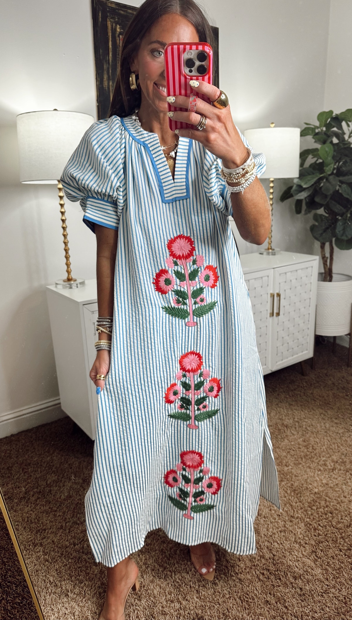 Entro Blue Floral Embroidered Puff Sleeve Midi Dress | Fly Boutique
