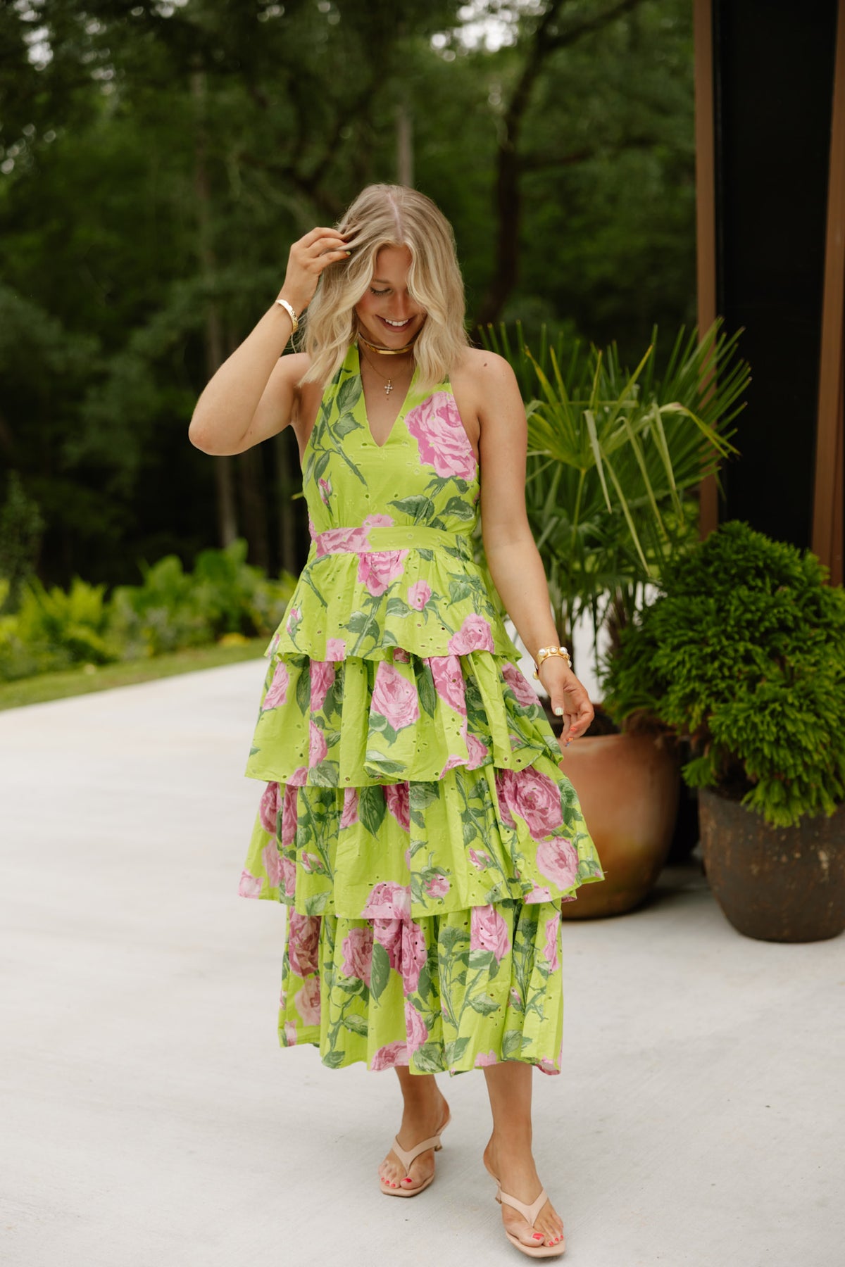 Entro Chartreuse Floral Print Sleeveless Halter Neck Midi Dress | Fly  Boutique