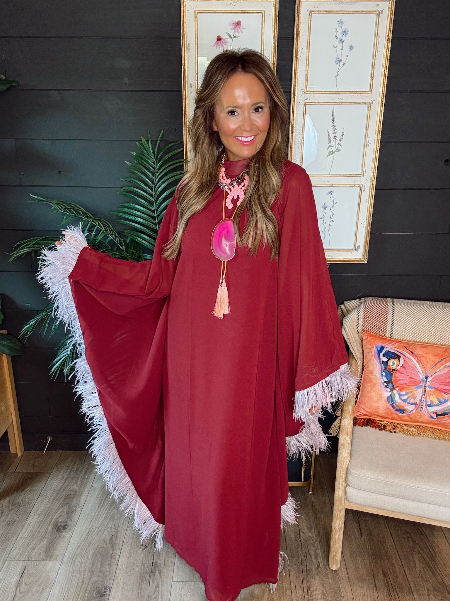 Burgundy Poplin Puff Sleeve Dress